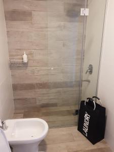 a bathroom with a toilet and a glass shower at EXCELENTE y completisimo monoambiente con cochera in Mar del Plata