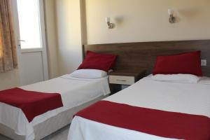 two beds with red pillows in a room at Dove Apart Hotel in Fethiye