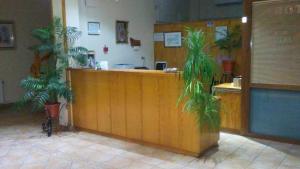 a lobby with a reception desk with palm trees at HOTEL RURAL HIDALGO in Torreperogil