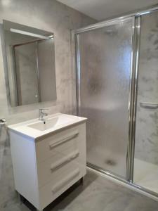 a bathroom with a sink and a shower at Apartamento Sallan Ainsa Ordesa Zona Zero in Aínsa