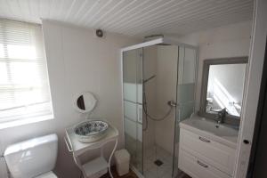 y baño con ducha, aseo y lavamanos. en L'Etable du Domaine des Buissonnets en Écardenville-sur-Eure