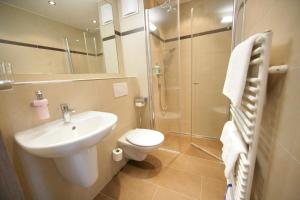 La salle de bains est pourvue d'un lavabo, de toilettes et d'une douche. dans l'établissement Hotel Restaurant Schwörer, à Lenzkirch