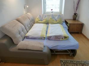 a hospital bed with pillows on top of it at Charming, central, spacious apartment in Innsbruck
