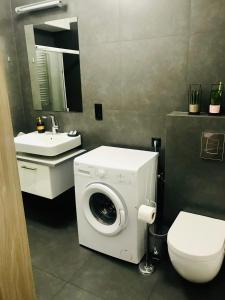 a bathroom with a washing machine and a toilet at Apartamenty Teatralne in Gorzów Wielkopolski +37 photos