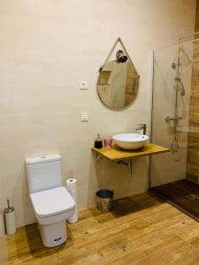 W łazience znajduje się toaleta, umywalka i lustro. w obiekcie Sunny Stay Guest Houses w Alicante