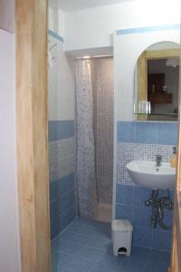 bagno piastrellato blu con lavandino e doccia di Antica Dimora a Monteroni dʼArbia