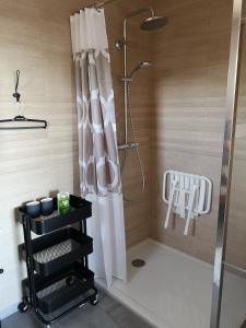 eine Dusche mit Duschvorhang im Bad in der Unterkunft Le Jardin in Lison