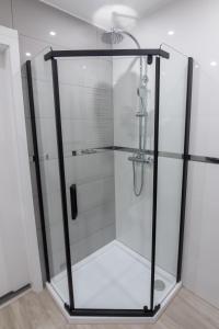 a shower with a glass door in a bathroom at Apartament Panorama in Nowy Targ +13 photos