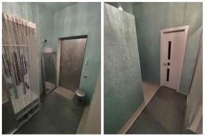 zwei Bilder eines Badezimmers mit Dusche und Tür in der Unterkunft Видовые апартаменты рядом клиника Рахманова in Dnipro
