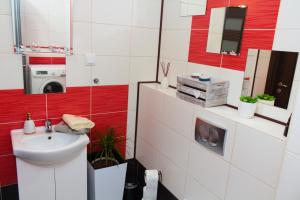 a bathroom with a sink and a washing machine at Apartament Tiffany in Gdańsk