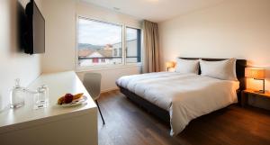 ein Hotelzimmer mit einem Bett und einem Fenster in der Unterkunft Motel Rheinfels Park in Stein