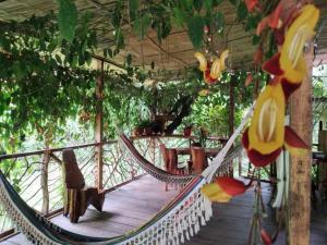 a hammock in a room with trees and plants at Hostal El Eden de Mindo in Mindo