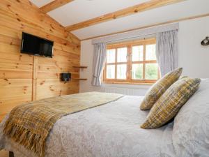 a bedroom with a bed and a tv on a wall at Someplace Else in Diss