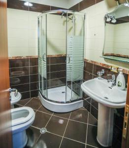 a bathroom with a shower and a toilet and a sink at Luxurious Apartment Lake View Pogradec in Pogradec