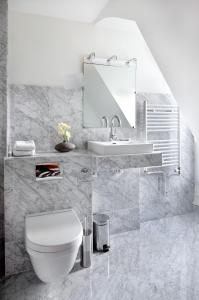 a bathroom with a toilet, sink, and mirror at Hôtel Mayet in Paris