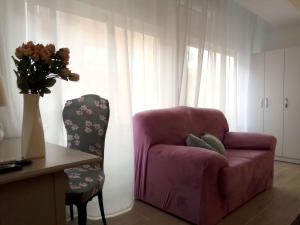 ein Wohnzimmer mit einem rosa Stuhl und einer Vase aus Blumen in der Unterkunft Mini-apartment Donna Rosa D'Alvadorez in Alicante