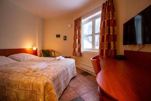 a bedroom with a bed and a tv and a window at Tysfjord Hotel in Storjord I Tysfjord
