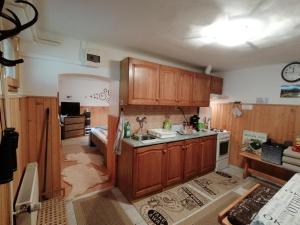 a kitchen with wooden cabinets and a sink at Csillag Vendégház in Répáshuta