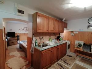 a kitchen with wooden cabinets and a sink at Csillag Vendégház in Répáshuta