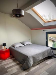 um quarto com uma cama grande e uma clarabóia em Appartement neuf scintillant de l’île d’amour em Meylan