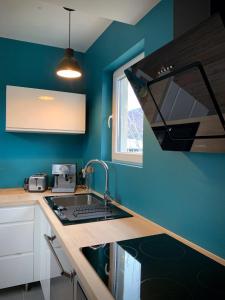 a kitchen with a sink and a black hood at Appartement neuf scintillant de l’île d’amour in Meylan