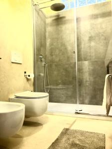 a bathroom with a shower with a toilet and a sink at 3 Amici al Teatro in Verona