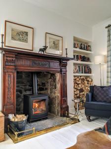 sala de estar con chimenea y sofá azul en Central Hawick spacious stylish flat with log burner, en Hawick