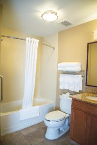 uma casa de banho com um WC, um chuveiro e um lavatório. em Candlewood Suites Loveland, an IHG Hotel em Loveland