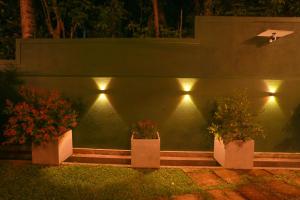 a wall with two potted plants and lights on it at Nimnada Villa in Galle
