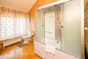 a bathroom with a shower and a toilet at Krestovaya Pad in Listvyanka