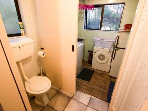 a bathroom with a toilet and a washing machine at Matai Cottage - Pakawau Bach in Pakawau