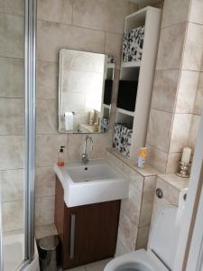 uma casa de banho com um lavatório, um WC e um espelho. em Dream Time Apartments-Aqua Suite em Londres