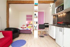 Il comprend une cuisine et un salon avec un canapé rouge. dans l'établissement Studio Falguiere avec terrasse proche Necker et Montparnasse, à Paris