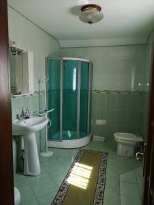 a bathroom with a shower and a sink and a toilet at Casa Gotika in Vama