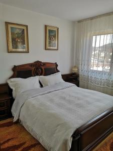 a bedroom with a large bed and a window at Casa Gotika in Vama