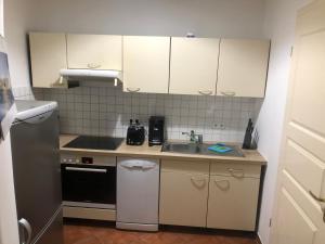 een kleine keuken met een wastafel en een vaatwasser bij Appartement Möwe mit 2 Zimmer im Zentrum Potsdams direkt an der Havel in Potsdam