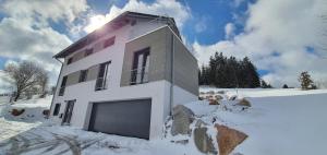 ein Haus mit Garage im Schnee in der Unterkunft Adlernest in Feldberg