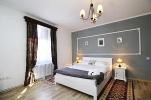 a bedroom with a white bed and a chandelier at Brother's House in Sibiu