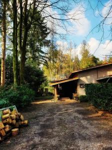 a pile of logs sitting next to a building at Forest Guesthouse in Bergentheim