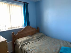 a bedroom with a bed with blue walls and a window at Beautiful and Peaceful village location in Bishop's Wood