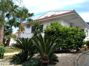 une maison blanche avec des palmiers devant elle dans l'établissement Villa Pantarei, à Pozzallo