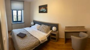 a bedroom with a bed and a table and a chair at Apartament Aleksandra in Gniezno