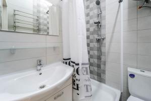 a bathroom with a sink and a toilet and a mirror at Modern Apartment in the Old City in Lviv +43 photos