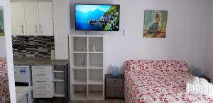 um quarto com uma cama e uma televisão na parede em Relaxed em Estepona