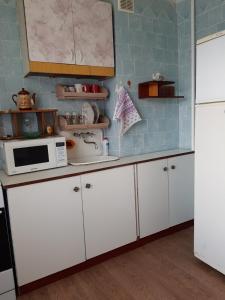 cocina con armarios blancos y microondas en Уютная квартира посуточно улица Белова, en Cherníhiv