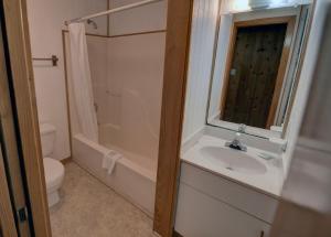 a bathroom with a toilet, sink, and shower at Outer Banks Motel in Buxton