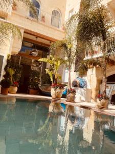 una piscina con macetas y un edificio en Lulu Boutique Hotel en Żebbuġ