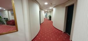 a hallway with a red carpet and a mirror at Hotel Europa in Biella