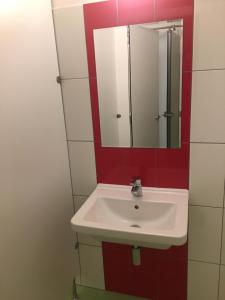 un bagno con un lavandino bianco e uno specchio di Expo capsule Hostel a Praga