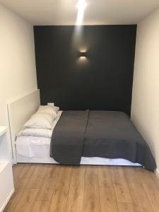 1 dormitorio con 1 cama con pared negra en Biliūno studio, en Anykščiai